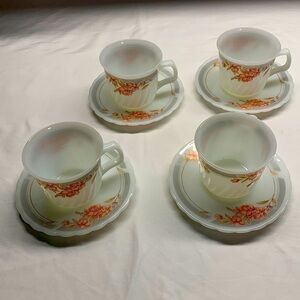 Vintage Milk Glass Indopal Tea Cups and Saucers Set of 4 Peach and Gray